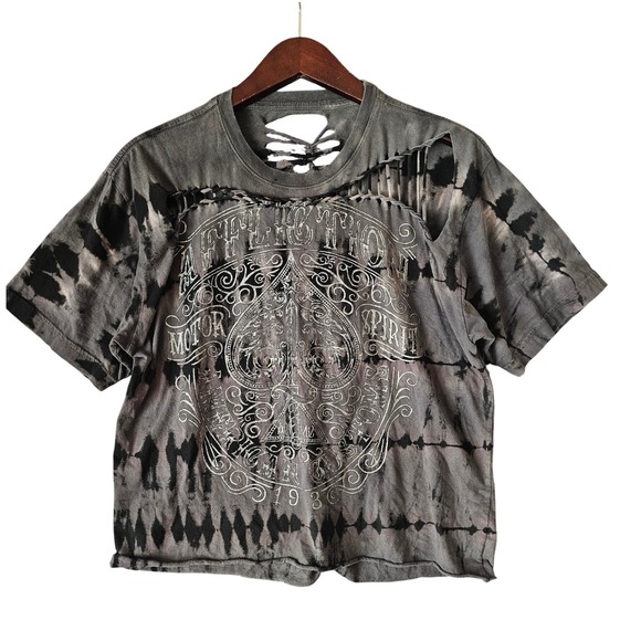 Affliction Tops - AFFLICTION Women Distressed Tie Dye Graphic‎ T Shirt Cut Out Ripped Gray L/XL